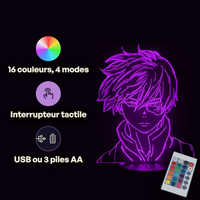 Caractéristiques lampe 3D LED My Hero Academia Shoto Todoroki télécommande 16 couleurs USB ou piles