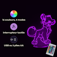 Caractéristiques lampe 3D LED Roi Lion Simba Enfant télécommande 16 couleurs USB ou piles