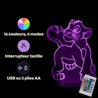 Caractéristiques lampe 3D LED Roi Lion Simba Petit télécommande 16 couleurs USB ou piles