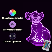 Caractéristiques lampe 3D LED Roi Lion Simba Assis télécommande 16 couleurs USB ou piles