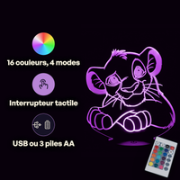 Caractéristiques lampe 3D LED Roi Lion Simba télécommande 16 couleurs USB ou piles