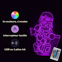 Caractéristiques lampe 3D LED Star Wars Stormtrooper télécommande 16 couleurs USB ou piles