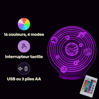 Caractéristiques lampe 3D LED Espace Système Solaire télécommande 16 couleurs USB ou piles