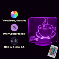 Caractéristiques lampe 3D LED d'Ambiance Tasse à Café télécommande 16 couleurs USB ou piles