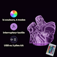 Caractéristiques lampe 3D LED Marvel Thanos télécommande 16 couleurs USB ou piles