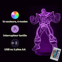 Caractéristiques lampe 3D LED Marvel Thanos Endgame télécommande 16 couleurs USB ou piles