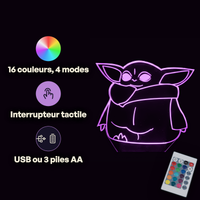 Caractéristiques lampe 3D LED Star Wars The Mandalorian Yoda télécommande 16 couleurs USB ou piles