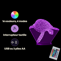 Caractéristiques lampe 3D LED Animal Tortue de Mer télécommande 16 couleurs USB ou piles