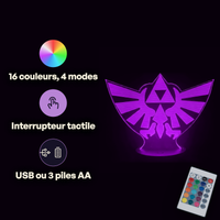 Caractéristiques lampe 3D LED Zelda Triforce télécommande 16 couleurs USB ou piles