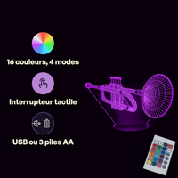 Caractéristiques lampe 3D LED Musique Trompette télécommande 16 couleurs USB ou piles