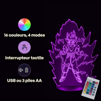 Caractéristiques lampe 3D LED Dragon Ball Z Vegetto SSJ 2 télécommande 16 couleurs USB ou piles