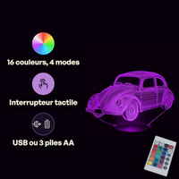 Caractéristiques lampe 3D LED Voiture Volkswagen Coccinelle télécommande 16 couleurs USB ou piles