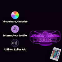 Caractéristiques lampe 3D LED Jeu Vidéo World of Tanks Logo télécommande 16 couleurs USB ou piles