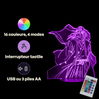 Caractéristiques lampe 3D LED Bleach Byakuya Kuchiki télécommande 16 couleurs USB ou piles