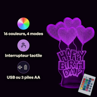 Caractéristiques lampe 3D LED Coeur Joyeux Anniversaire télécommande 16 couleurs USB ou piles