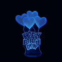 Lampe 3D LED Coeur Joyeux Anniversaire effet holographique fond noir