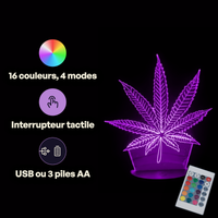 Caractéristiques lampe 3D LED d'Ambiance Feuille de Chanvre télécommande 16 couleurs USB ou piles