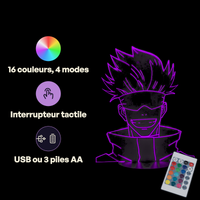Caractéristiques lampe 3D LED Jujutsu Kaisen Gojo Heureux télécommande 16 couleurs USB ou piles