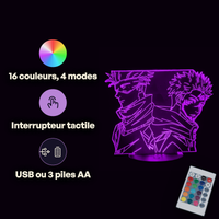 Caractéristiques lampe 3D LED Jujutsu Kaisen Gojo x Sukuna télécommande 16 couleurs USB ou piles