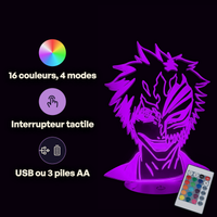 Caractéristiques lampe 3D LED Bleach Ichigo Kurosaki Hollow télécommande 16 couleurs USB ou piles