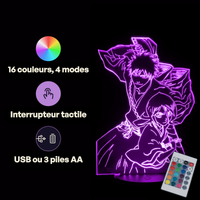 Caractéristiques lampe 3D LED Bleach Ichigo x Rukia télécommande 16 couleurs USB ou piles
