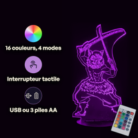 Caractéristiques lampe 3D LED Demon Slayer Inosuke Hashibira télécommande 16 couleurs USB ou piles