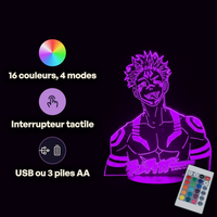 Caractéristiques lampe 3D LED Jujutsu Kaisen Tatouages de Sukuna télécommande 16 couleurs USB ou piles