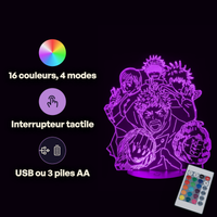 Caractéristiques lampe 3D LED Jujutsu Kaisen Team Gojo télécommande 16 couleurs USB ou piles