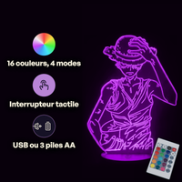 Caractéristiques lampe 3D LED One Piece Luffy Énervé télécommande 16 couleurs USB ou piles