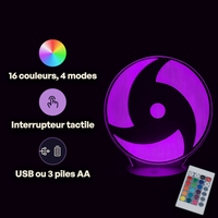Caractéristiques lampe 3D LED Naruto Mangekyou Sharingan télécommande 16 couleurs USB ou piles