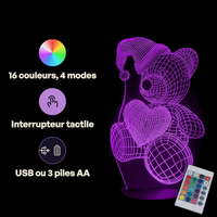 Caractéristiques lampe 3D LED Ourson Nounours Câlin télécommande 16 couleurs USB ou piles