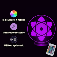 Caractéristiques lampe 3D LED Naruto Sasuke Sharingan télécommande 16 couleurs USB ou piles