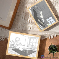 Tableau lumineux LED en bois naturel, scène de chambre à coucher en papier découpé avec éclairage blanc, posé sur une table