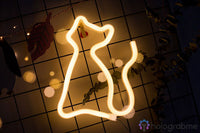 Néon LED chat silhouette blanc chaud accroché sur grille murale avec branchages, décoration chambre