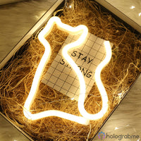 Néon LED chat silhouette blanc chaud présenté dans boîte cadeau paille avec carte Stay Strong