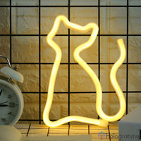 Néon LED chat silhouette blanc chaud posé sur bureau avec réveil blanc, décoration chambre douce