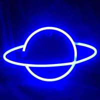 Néon LED planète Saturne bleu électrique accroché au mur, anneau lumineux, décoration chambre spatiale
