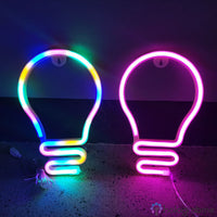 Deux néons LED ampoule multicolore et rose posés côte à côte, décoration chambre ou bureau gaming