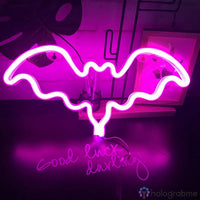 Néon LED chauve-souris rose fuchsia aux ailes ouvertes, décoration Halloween murale