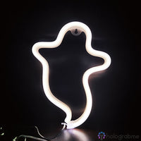 Néon LED fantôme blanc froid sur fond noir, posé sur socle, lumière douce pour décoration chambre
