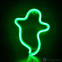 Néon LED fantôme vert lumineux sur fond noir uni, silhouette nette avec crochet de fixation murale